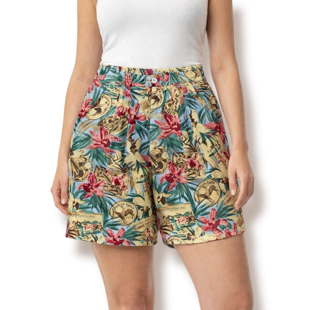 Vintage Silk Club Tropical Equestrian Print Shorts High Waist Large Maximalist